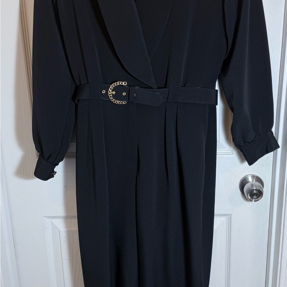 Chaus Vintage 1980s Womens Jumpsuit Size M Black Pockets Belted Elastic Waist